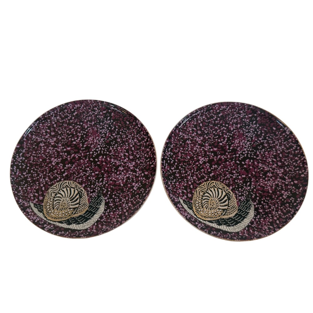 Retired Anthropologie GISELE Snail Dessert Plates Set 2 Purple‎ Gold Trim
